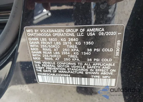 2020 Volkswagen Atlas Cross Sport 3.6L V6 Se W/Technology/3.6L V6 Se W/Technology R-Line z USA, uszkodzony, nr VIN 1V26E2CA8LC230964